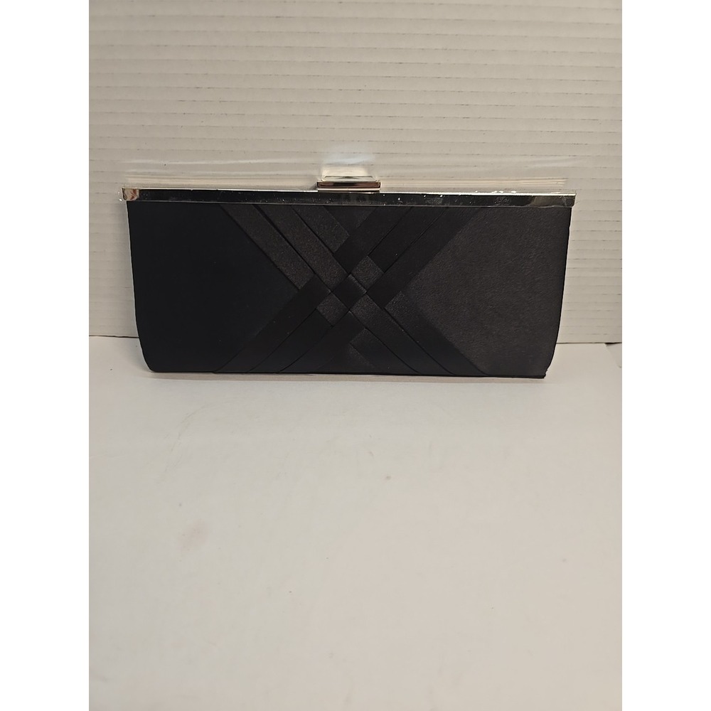 INC International Concepts Black Satin Criss Cross Pleated Evening Clutch Bag